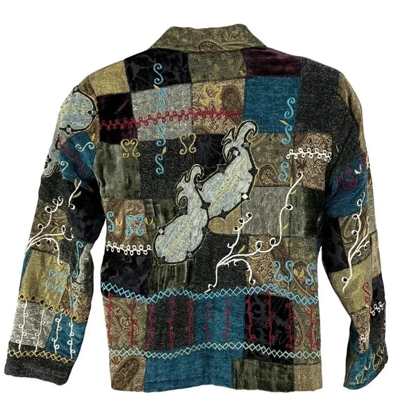 Vintage Alex Kim Womens M Patchwork Velvet Jacket Art To Wear Embroidered BOHO - Picture 2 of 16